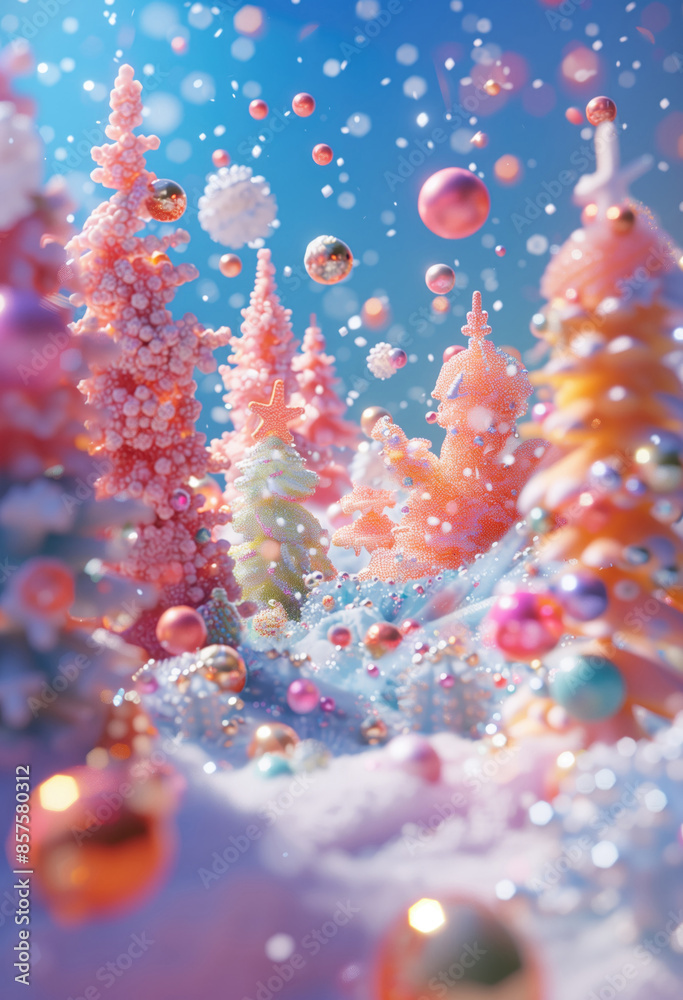 3d christmas scene with snowballs and decorated trees. Fairy-tale winter forest with colorful trees and decorations. Winter holiday magic. 3d christmas scene with snowballs and decorated trees. Fairy-tale winter forest with colorful trees and decorations. Winter holiday magic.