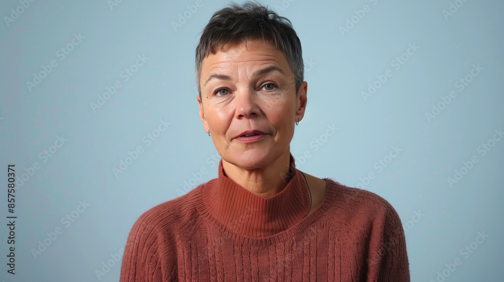 Portrait of a mature woman with short hair and a warm sweater. Simple and natural expression. Portrait of a mature woman with short hair and a warm sweater. Simple and natural expression.