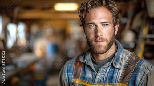 Portrait of a young man with a beard in a workshop. Focused craftsman in a rustic setting.