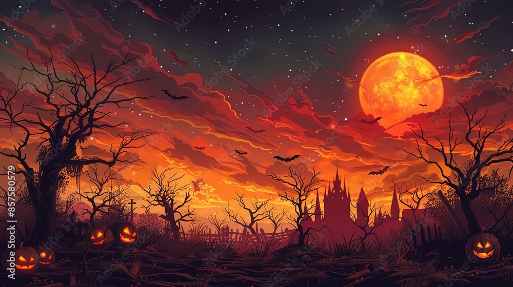 A haunted landscape featuring glowing jack-o'-lanterns, spooky trees, and a blood-red moon with an ominous castle silhouette, evoking feelings of fear and mystery. A haunted landscape featuring glowing jack-o'-lanterns, spooky trees, and a blood-red moon with an ominous castle silhouette, evoking feelings of fear and mystery.