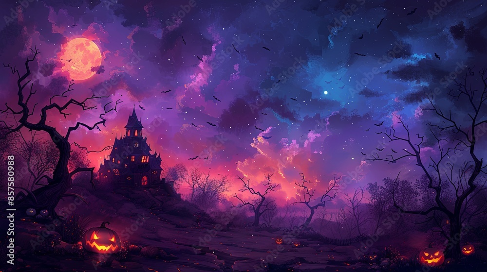 A mysterious landscape with a haunted house set against a gloomy purple sky, surrounded by withered trees and bats, creating an aura of creepiness and shadowy horror. A mysterious landscape with a haunted house set against a gloomy purple sky, surrounded by withered trees and bats, creating an aura of creepiness and shadowy horror.