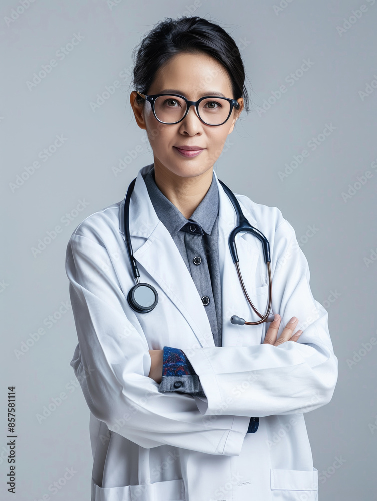 Confident female doctor wearing glasses and a white coat with a stethoscope around her neck. Professional medical portrait. Confident female doctor wearing glasses and a white coat with a stethoscope around her neck. Professional medical portrait.