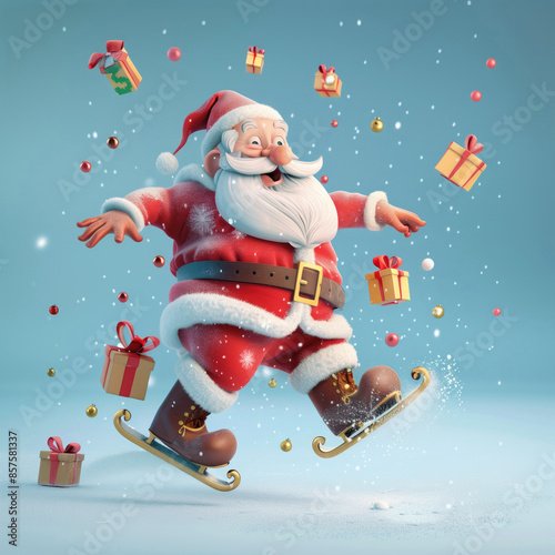Cute Santa Claus performing a comical ice-skating act surrounded by floating gifts. New Year and Christmas funny image.