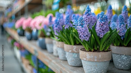 Vibrant Blue Violet Hyacinths in Pots on Display in Floristic Store or Street Market for Early Spring Gardening