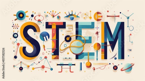 STEM design illustration, science technology engineering mathematics background.