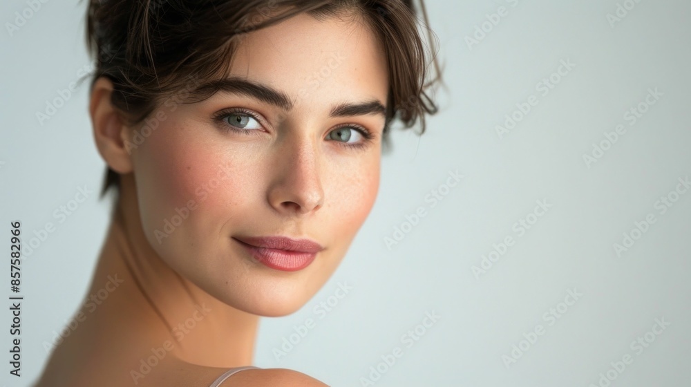 Obraz premium Close up of a woman's face relaxing with eyes closed and hair pulled back in a beauty and wellness portrait