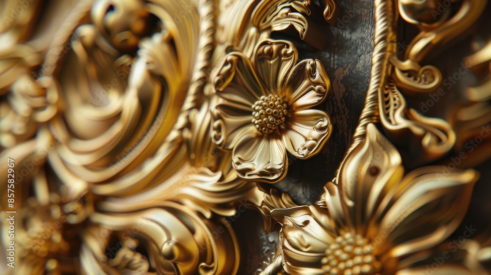 Gold flowers twisted into a baroque frame in a vintage corner Gold flowers twisted into a baroque frame in a vintage corner