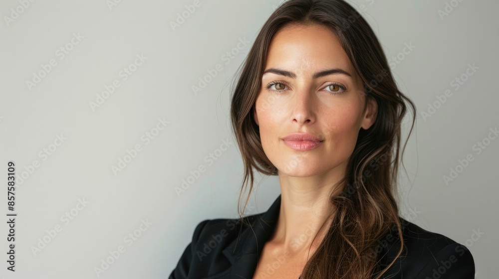 Serious businesswoman in stylish suit looking at camera with determined expression in professional setting Serious businesswoman in stylish suit looking at camera with determined expression in professional setting