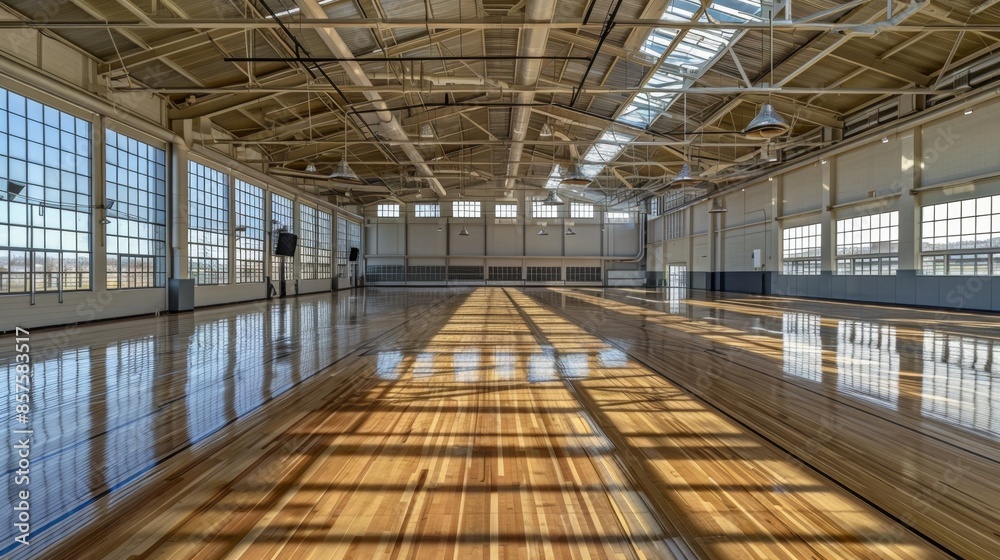 Spacious Indoor Gym with Wooden Flooring and Ample Natural Light, Generative AI Spacious Indoor Gym with Wooden Flooring and Ample Natural Light, Generative AI