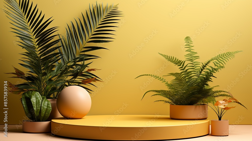 A pastel yellow podium, adorned with tiny fern fronds and soft, flowing water effects, creating a serene atmosphere. Illustration, Minimalism, A pastel yellow podium, adorned with tiny fern fronds and soft, flowing water effects, creating a serene atmosphere. Illustration, Minimalism,