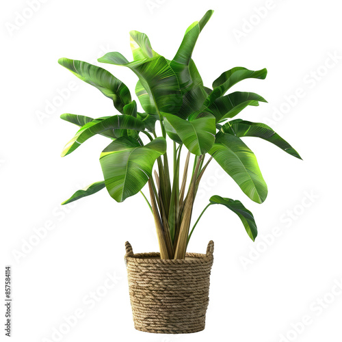 Artificial banana tree plant in a rope basket against a transparent background