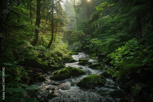 serene forest stream with mossy rocks and dappled sunlight nature landscape photography