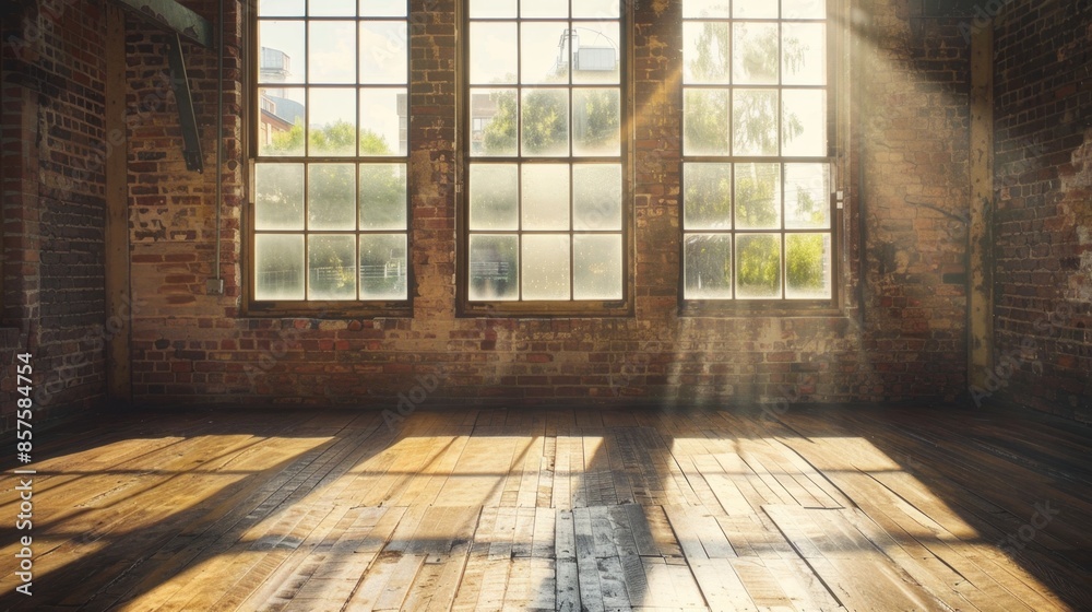 Sunlit Industrial Loft with Exposed Brick Walls and Large Windows, Generative AI Sunlit Industrial Loft with Exposed Brick Walls and Large Windows, Generative AI