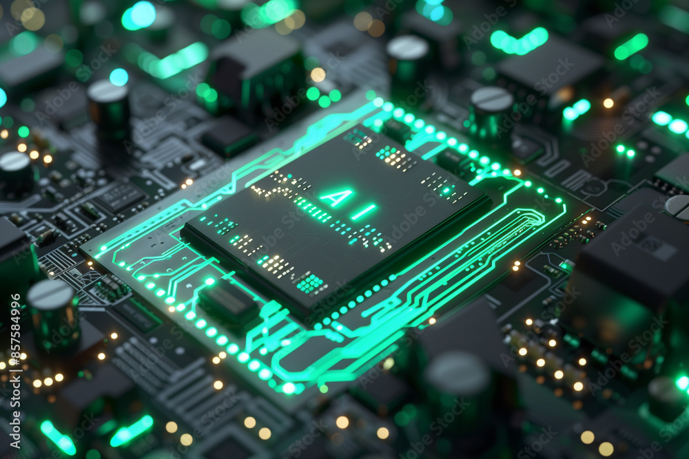 Obraz premium Artificial Intelligence Computer Chip Semiconductor, Green AI Machine Learning Hardware Concept