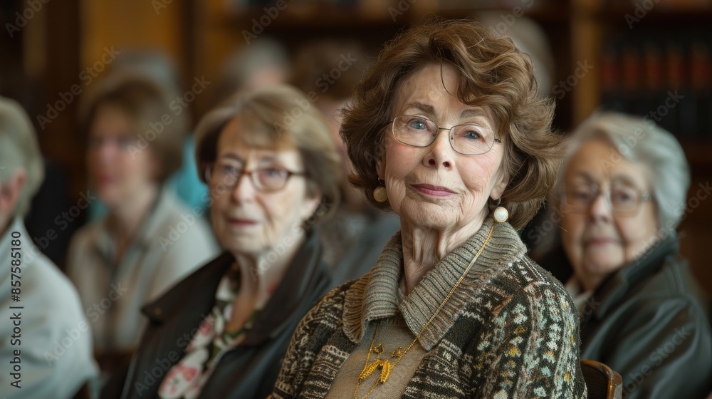An elderly Caucasian woman attending a book club in a library, looking directly at the camera. An elderly Caucasian woman attending a book club in a library, looking directly at the camera.