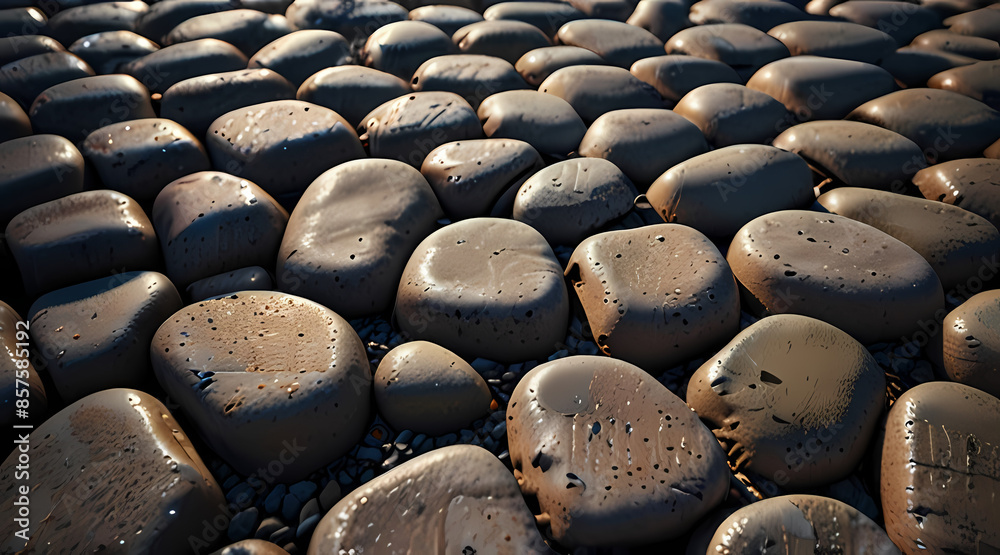 Obraz premium background featuring the bumpy and irregular texture of a cobblestone path, with varying sizes and shapes of stones.