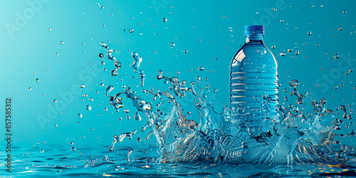 A bottle of water is floating in a pool of water. The water is splashing around the bottle, creating a sense of movement and energy. Concept of staying hydrated