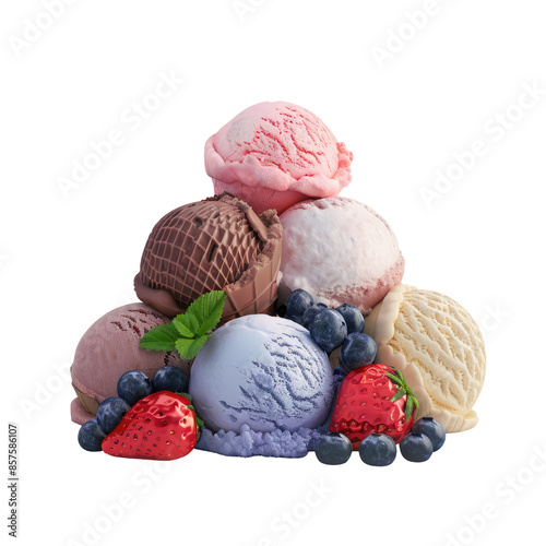 Assorted ice cream scoops of strawberry, chocolate, vanilla, and blueberry flavors on a transparent background with clipping path included.