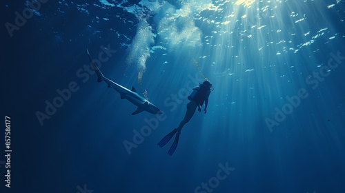 Graceful shark following human in crystal clear waters of the deep blue ocean depths