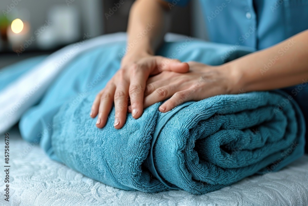 Fototapeta premium A healthcare professional smoothing a towel on a treatment bed in a bright clinic, focusing on providing comfort.