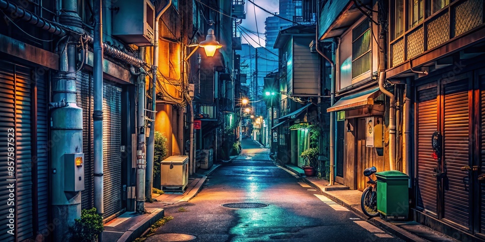 Tokyo alleyway at night with a retro lo-fi aesthetic , Tokyo, night, alley, urban, cityscape, gritty, vintage