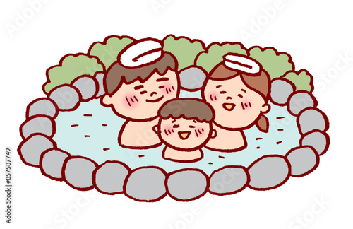 温泉に入ってポカポカ温まる三人親子