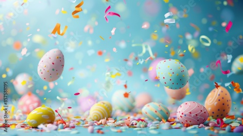 Colorful Easter eggs with confetti and ribbons on a blue background