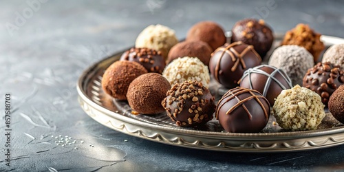 Delicious and indulgent chocolate truffles on a silver serving tray, chocolate, truffles, dessert, gourmet, sweet