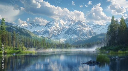 Nordic landscape featuring snow-capped mountains, pine forests, and a tranquil lake, exuding natural beauty