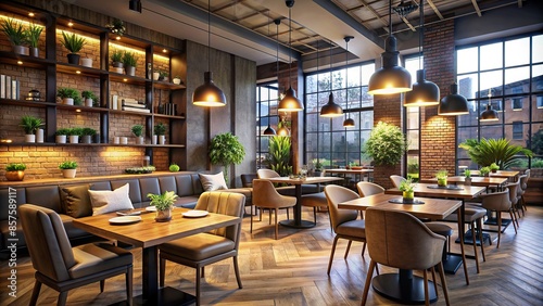 Interior of a cozy urban restaurant with modern furniture and dim lighting, restaurant, interior, cozy, urban