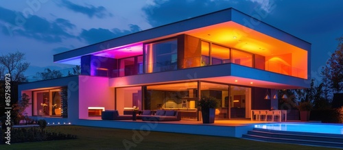 Modern House with Colorful Lighting at Night © Bolustck