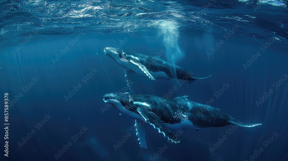 Fototapeta premium Humpback whale mother and calf swimming in Tonga s deep blue sea