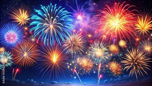 Vibrant fireworks illuminating the night sky on Independence Day, celebration, patriotic, holiday, fourth of july, USA