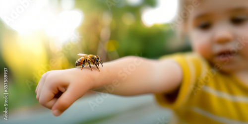 A large bee landed on the little child's hand. The little boy stood with his arms outstretched in fear. Bee stings child's hand.