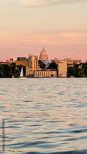 Pink Sunset over Capitol Building from Lake Mendota Madison Wisconsin photo