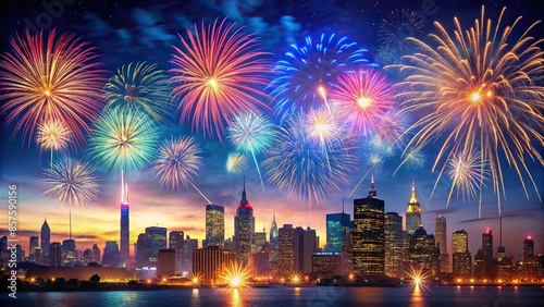 Vibrant Independence Day background with fireworks display over a city skyline, independence day