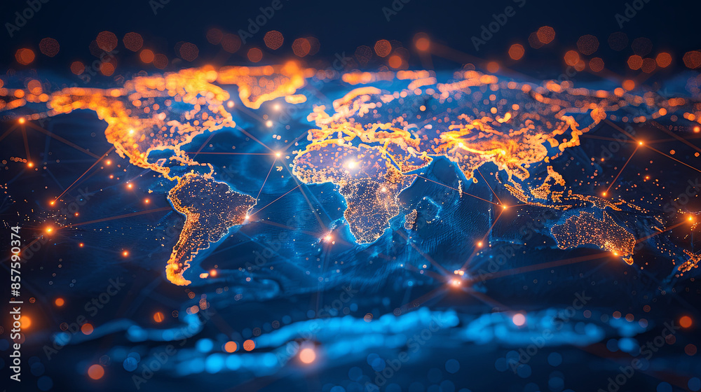 Fototapeta premium World Map with Glowing Digital Connections Between Countries and Cities, Representing Global Network, Connectivity, Technology, and Business Exchange on a Dark Blue Background
