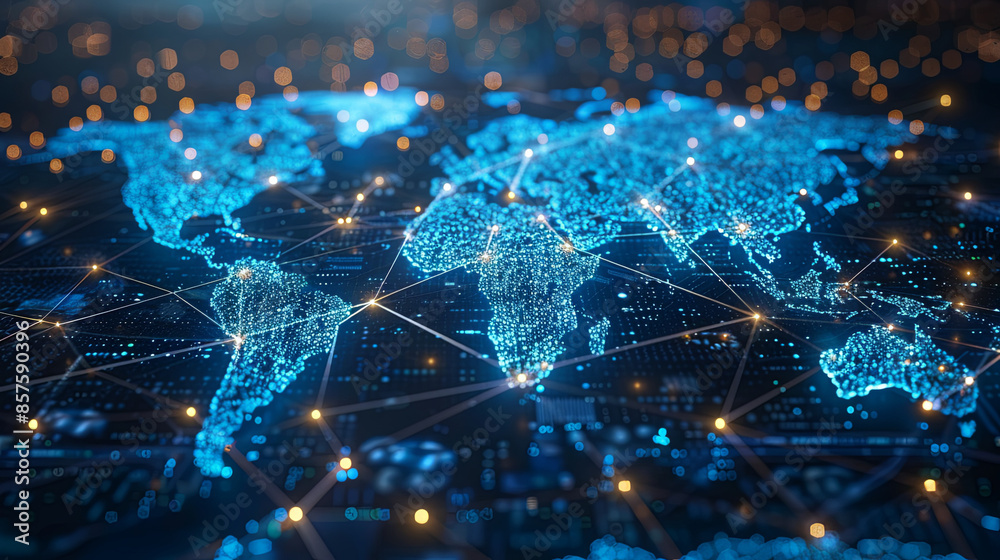 Fototapeta premium World Map with Glowing Digital Connections Between Countries and Cities, Representing Global Network, Connectivity, Technology, and Business Exchange on a Dark Blue Background