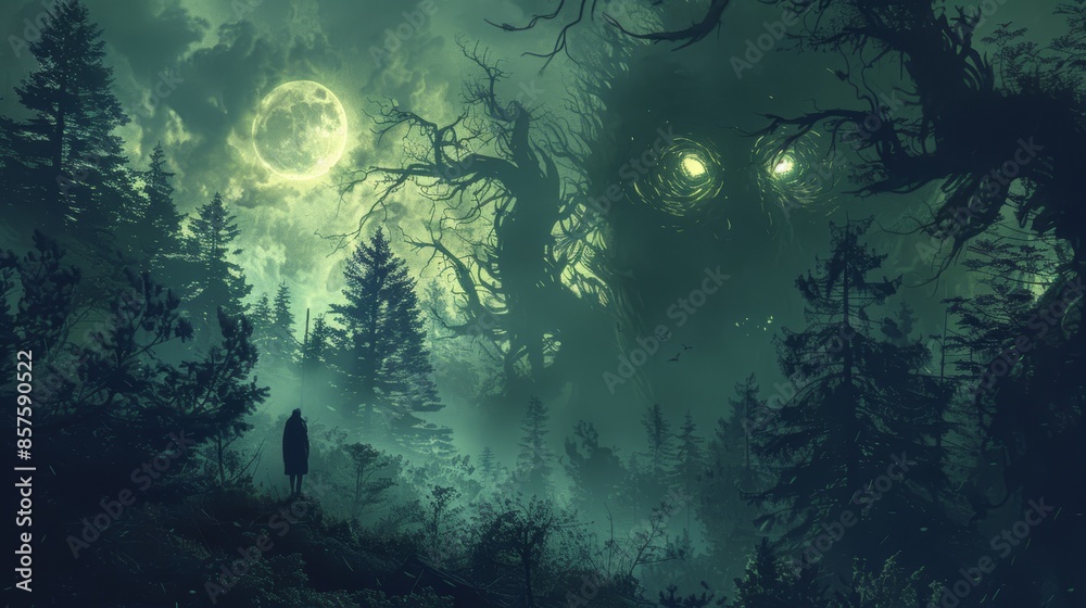 A lone figure walks through a mysterious forest under a full moon, surrounded by looming trees and shrouded in fog. A lone figure walks through a mysterious forest under a full moon, surrounded by looming trees and shrouded in fog.