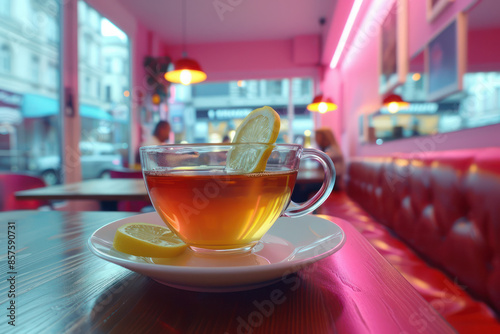 Cozy Urban Cafe with Pink Interior Design Featuring a Warm Cup of Tea with Lemon on a Wooden Table, Creating a Vibrant and Relaxing Ambiance for an Enjoyable and Inviting Experience