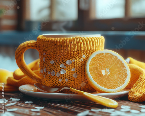 Cozy Winter Morning with a Warm Cup of Lemon Tea, Fresh Lemons, and a Knitted Mug Cover on a Rustic Wooden Table in a Sunlit Room photo