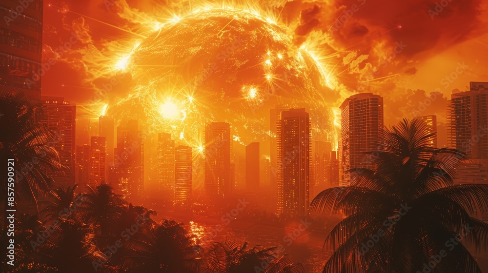 Fototapeta premium A fiery, apocalyptic cityscape with towering flames engulfing buildings and palm trees.