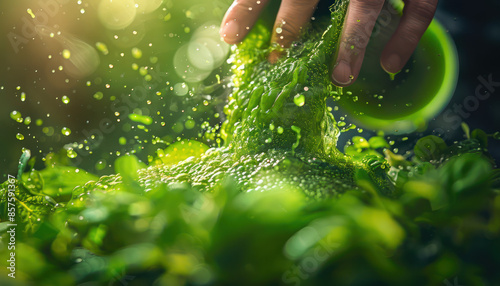 Immersive Greenery Explosion Capturing the Synergy of Nature and Motion in Vivid Detail with Splashing Leaves and Energetic Vibrancy photo