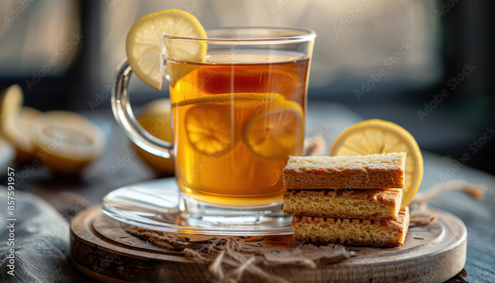 Refreshing Lemon Tea with Biscuits A Cozy Sunlit Afternoon Delight Featuring Hot Beverage and Lemon Slices on Wooden Tray Perfect for Relaxation, Comfort, and Soothing Moments Refreshing Lemon Tea with Biscuits A Cozy Sunlit Afternoon Delight Featuring Hot Beverage and Lemon Slices on Wooden Tray Perfect for Relaxation, Comfort, and Soothing Moments