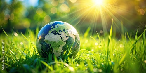 Environmentally conscious globe in lush green grass with sun flare for Earth Day, sustainable living © rattinan