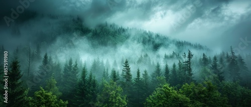 Misty forest with tall trees and a dramatic sky.
