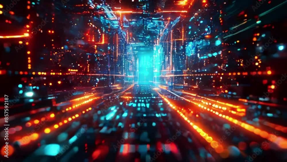 Video of an abstract blue orange black digital data network matrix, cyber lights representing connection electronic information Video of an abstract blue orange black digital data network matrix, cyber lights representing connection electronic information