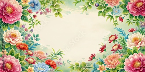Chinese and Japanese water botanical graphic frame with delicate floral patterns and vibrant colors, botanical, water, Chinese © mahat