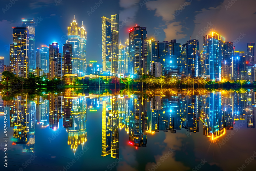 Fototapeta premium Urban Nightscape: A Glimpse into the Vibrant Life and Tranquil Moments of a Glowing Metropolis