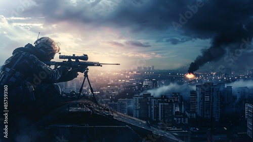 Sniper shooter with a rifle in a tactical forces setting for video games.